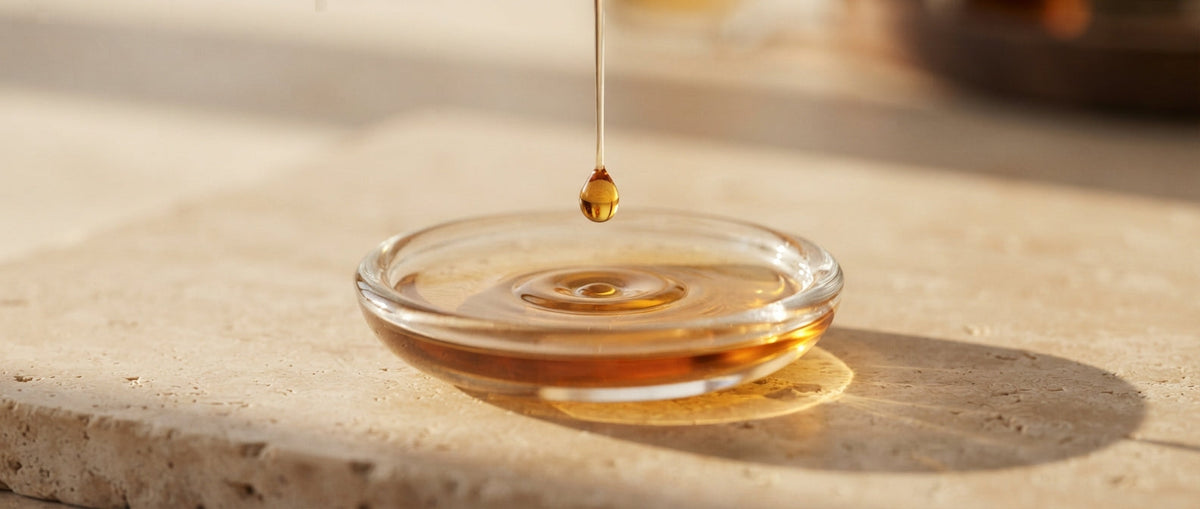 Goldener Öltropfen fällt in eine Glasschale – Extrait de Parfum