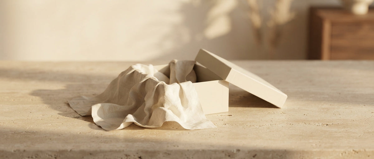 Geöffnete leere Geschenkbox mit Seidenpapier – warum teuer nicht besser riecht
