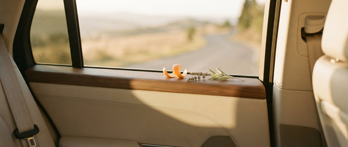 Lederinterieur mit Lavendel und Orangenschale im Abendlicht – Autodüfte mit Duftsignatur