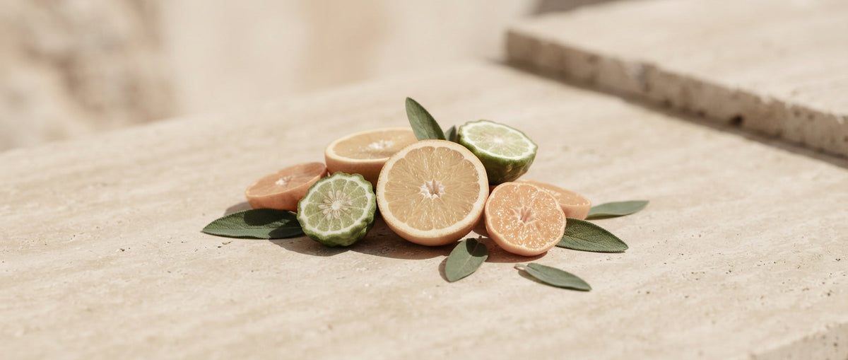 Orangen und Bergamotte auf Travertin – Sommer-Duftzwillinge