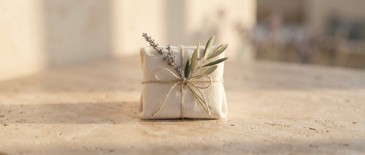 In Leinen verpacktes Geschenk mit Lavendel – Duftzwilling als Geschenk