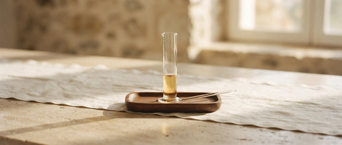 Messzylinder mit goldenem Duftöl – Duftölanteil im Extrait de Parfum