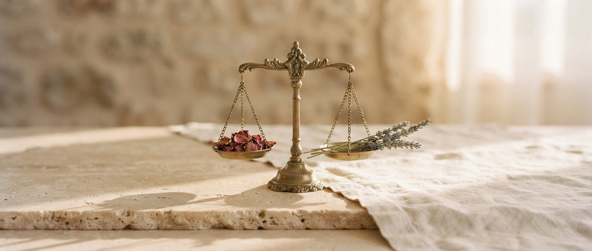 Messingwaage mit Rosenblüten und Lavendel – Sind Parfum-Dupes legal?
