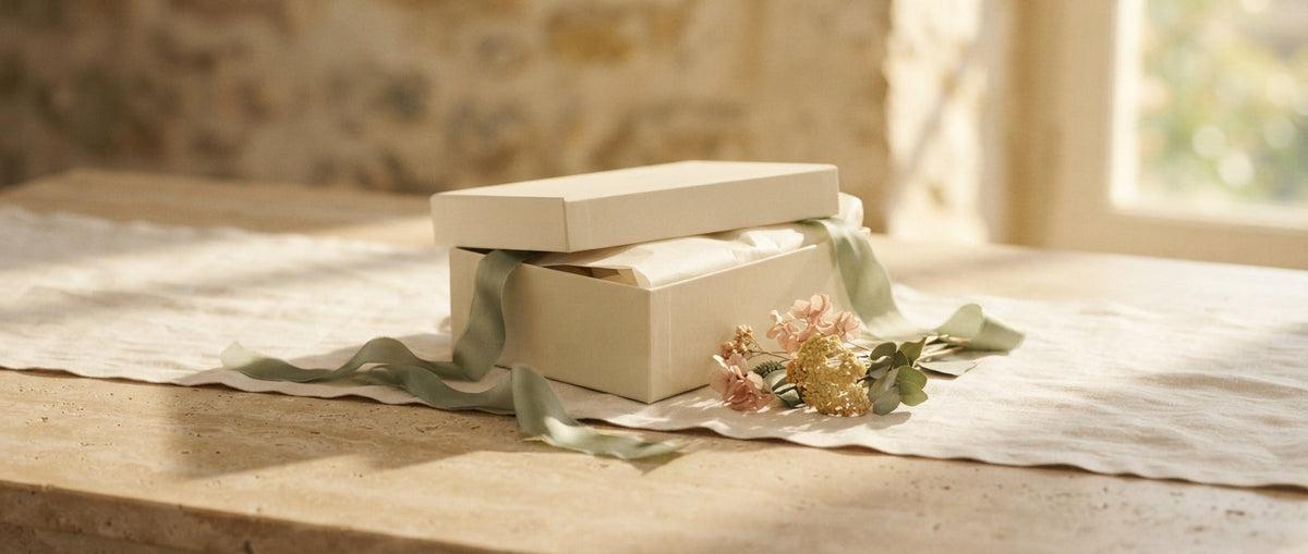 Cremefarbene Geschenkbox mit Seidenband – Parfum Geschenkset