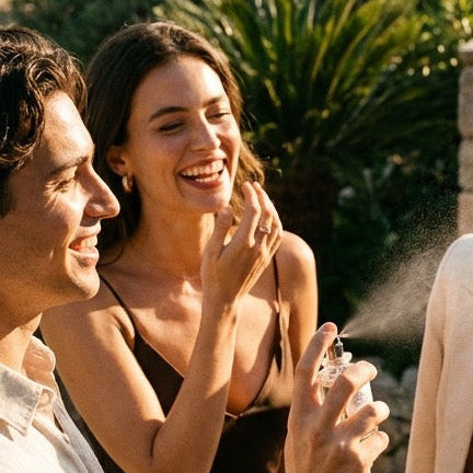Zwei Menschen lachen gemeinsam im Sonnenlicht – Unisex-Düfte von MonKoku
